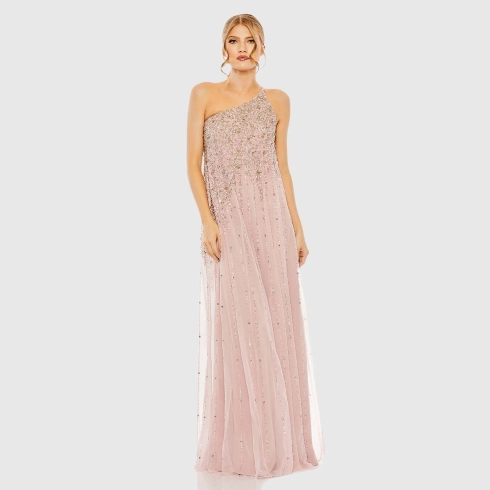 Mac Duggal Dusty Rose One-Shoulder Beaded Gown